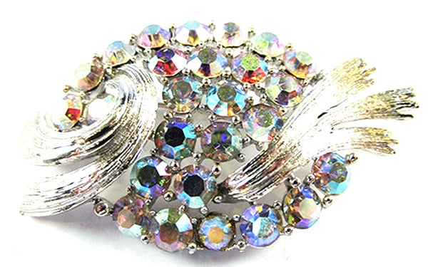 Signed Lisner Vintage 1950s AB Rhinestone Floral Pin and Earrings - Pin Front