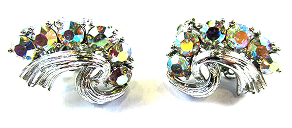 Signed Lisner Vintage 1950s AB Rhinestone Floral Pin and Earrings - Earrings Front