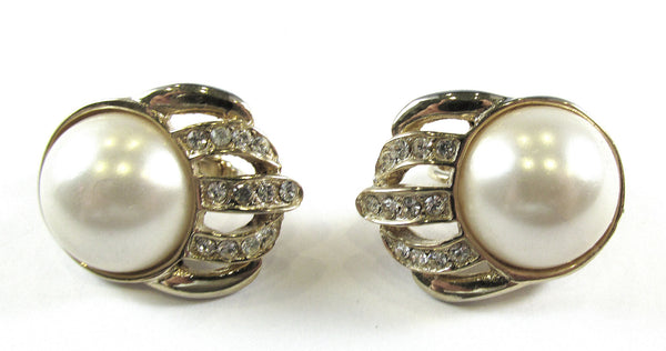 Vintage 1950s Signed Hobe Clip-On Rhinestone and Pearl Earrings - Front