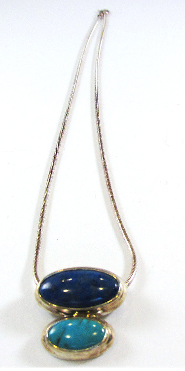 Vintage 1970s Contemporary Style Lapis and Turquoise Sterling Pendant - Front