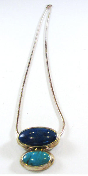 Vintage 1970s Contemporary Style Lapis and Turquoise Sterling Pendant - Front