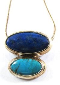 Vintage 1970s Contemporary Style Lapis and Turquoise Sterling Pendant - Close Up - Thumbnail
