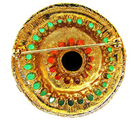 Vintage 1950s Onyx, Amber, and Emerald Cabochon Gold Dome Pin - Back - Thumbnail