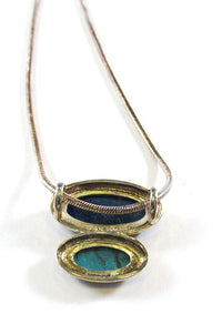Vintage 1970s Contemporary Style Lapis and Turquoise Sterling Pendant - Back - Thumbnail