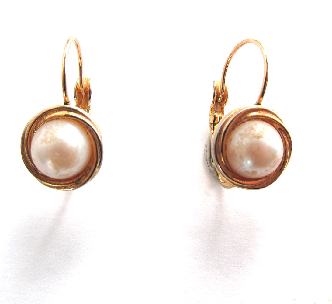 1980s Liz Claiborne Vintage Designer Pearl Cabochon Button Earrings - Front