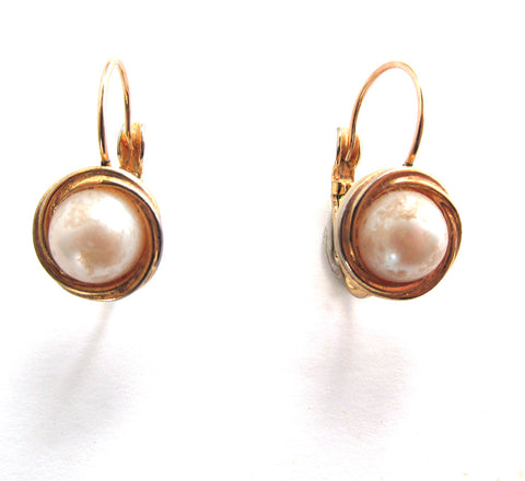 1980s Liz Claiborne Vintage Designer Pearl Cabochon Button Earrings - Front