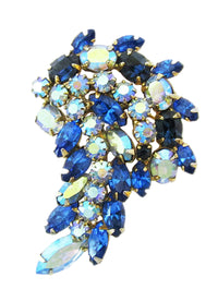 Vintage 1950s Gorgeous Shades of Blue Rhinestone Floral Pin - Front - Thumbnail