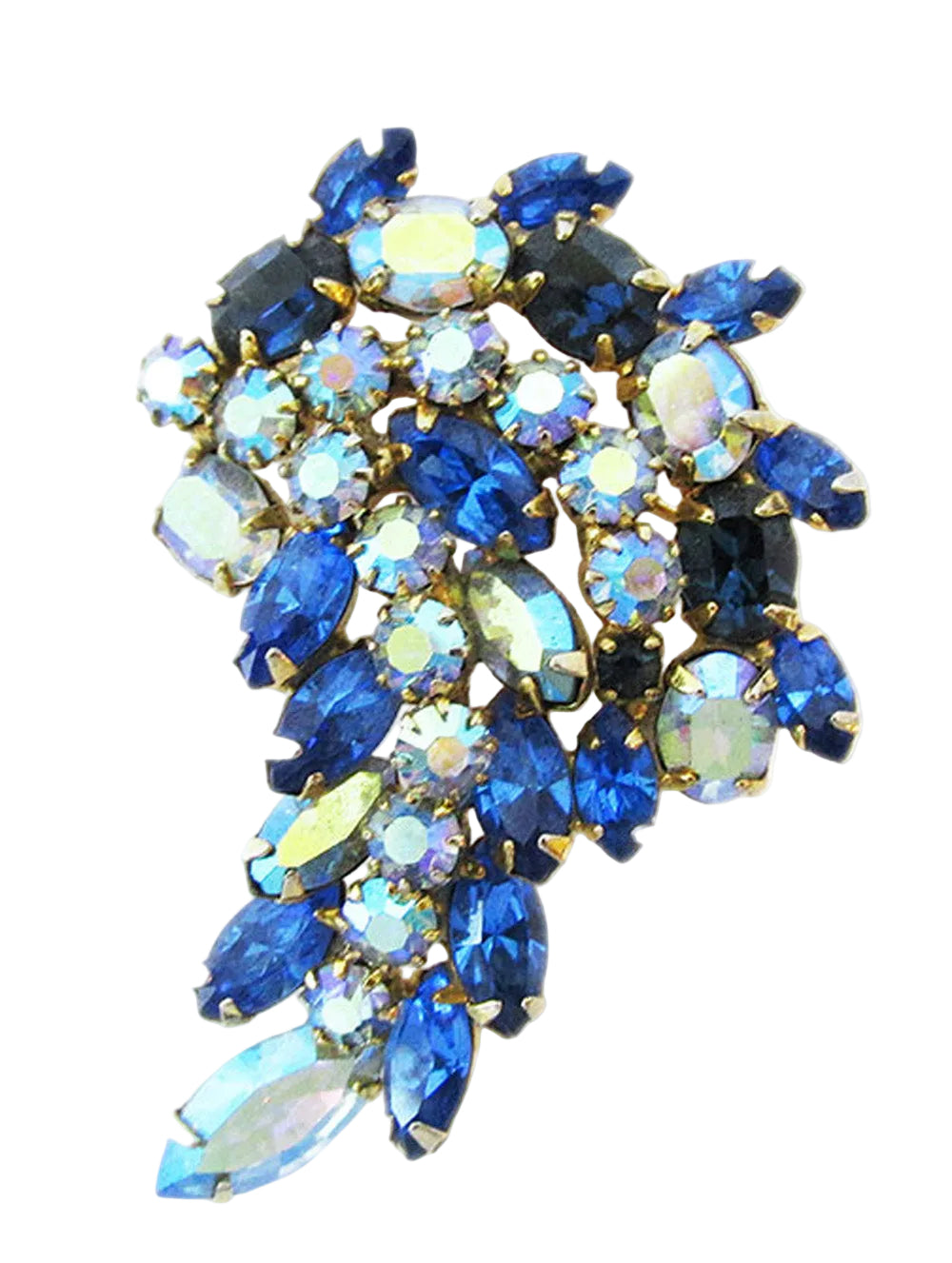 Vintage 1950s Gorgeous Shades of Blue Rhinestone Floral Pin - Front