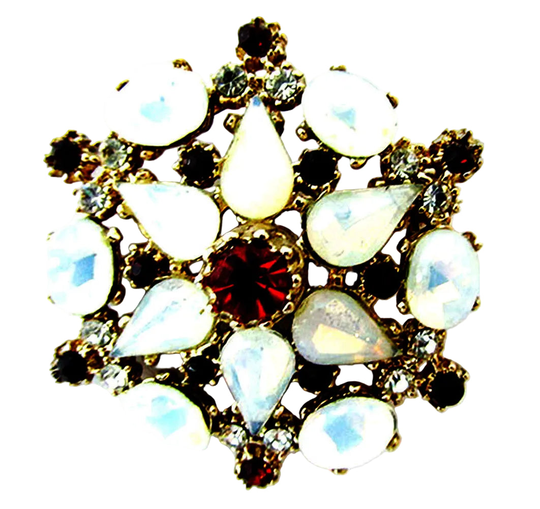 Vintage 1940s  Moonstone, Clear and Ruby-Red Rhinestone Pin - Front