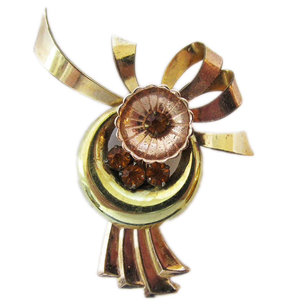 Harry Iskin Vintage 1940s Topaz Rhinestone Gold-Filled Floral Pin - Front
