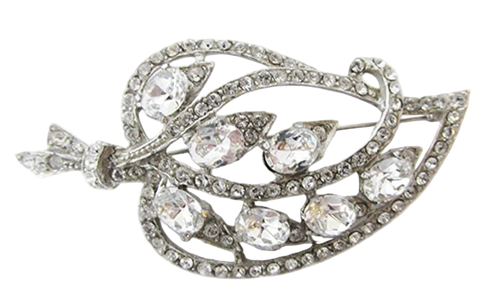 Signed Joseph Wiesner NY Vintage 1950s Clear Rhinestone Leaf Pin - Front