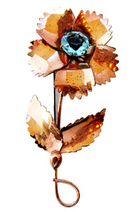 Signed Jordan Vintage 1940s Aquamarine Rhinestone Vermeil Floral Pin - Front - Thumbnail
