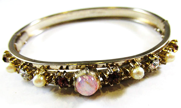 Vintage 1950s Mid-Century Opal Rhinestone and Pearl Cuff Bracelet - Front