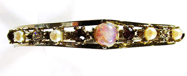 Vintage 1950s Mid-Century Opal Rhinestone and Pearl Cuff Bracelet - rot