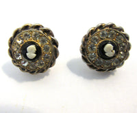 Adorable Vintage 1950s Cameo and Clear Rhinestone Button Earrings - Front - Thumbnail