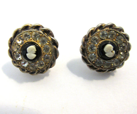 Adorable Vintage 1950s Cameo and Clear Rhinestone Button Earrings - Front