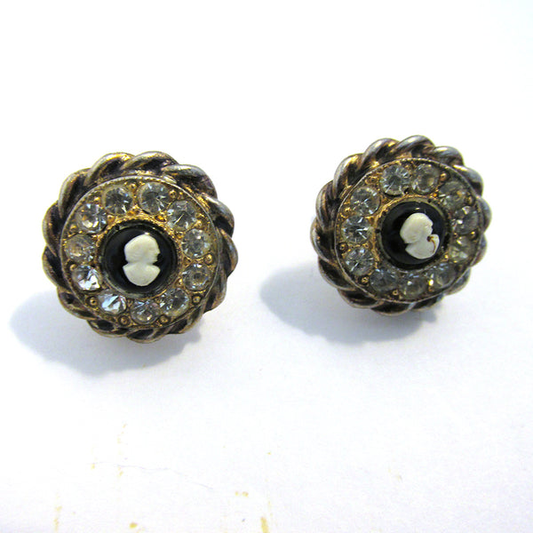 Adorable Vintage 1950s Cameo and Clear Rhinestone Button Earrings - Front