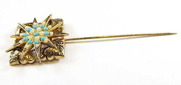 Vintage 1950s Mid-Century Turquoise and Pearl Hat/Stick Pin - Front