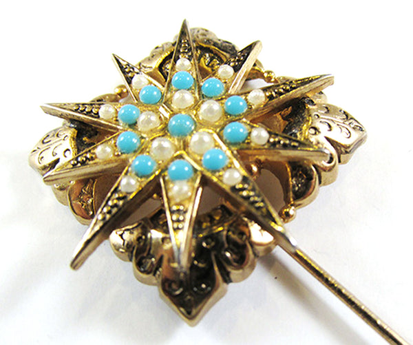 Vintage 1950s Mid-Century Turquoise and Pearl Hat/Stick Pin - Close Up