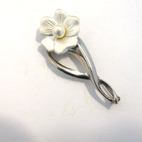 Graceful Vintage 1960s Mid-Century Silver and Pearl Floral Pin - Front - Thumbnail
