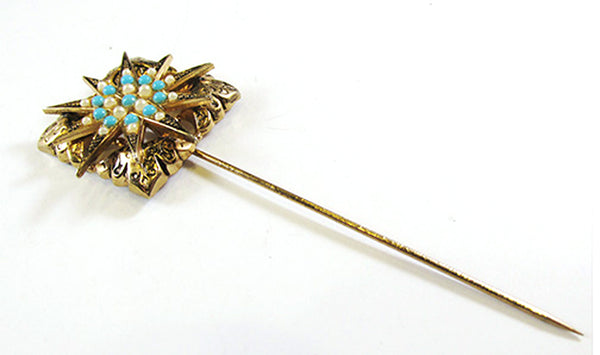 Vintage 1950s Mid-Century Turquoise and Pearl Hat/Stick Pin - Front