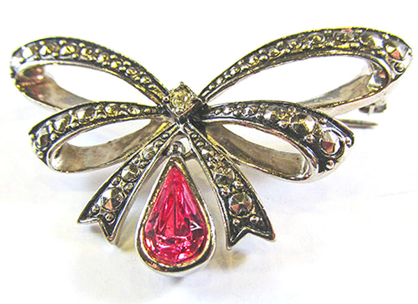 Signed Vintage 1970s Avon Pink Rhinestone and Marcasite Bow Pin - Front