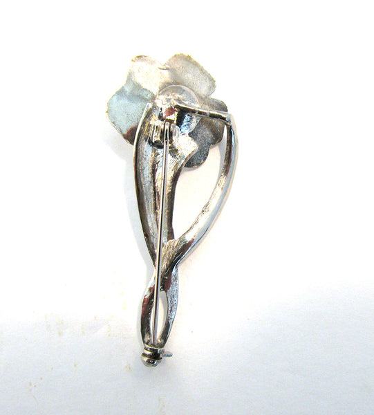 Graceful Vintage 1960s Mid-Century Silver and Pearl Floral Pin - Back