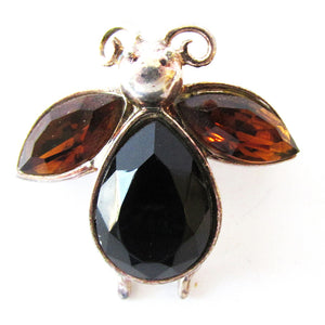 Adorable Signed 1990s Vintage Newpro Dark Topaz Diamante Bug Pin - Front