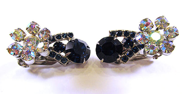 Vintage 1950s Sapphire Blue and Aurora Borealis Rhinestone Earrings - Front