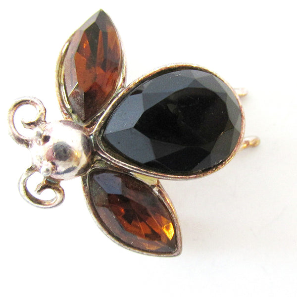 Adorable Signed 1990s Vintage Newpro Dark Topaz Diamante Bug Pin - Front