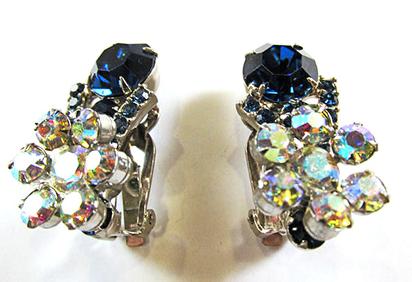 Vintage 1950s Sapphire Blue and Aurora Borealis Rhinestone Earrings - Front