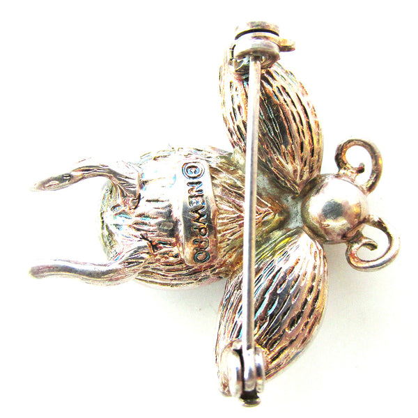 Adorable Signed 1990s Vintage Newpro Dark Topaz Diamante Bug Pin - Back with Signature