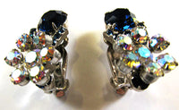 Vintage 1950s Sapphire Blue and Aurora Borealis Rhinestone Earrings - Close Up - Thumbnail