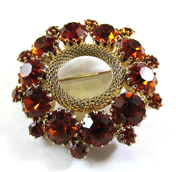 Weiss Vintage 1950s Orange Rhinestone and Gold Mesh Circle Pin - Front