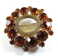Weiss Vintage 1950s Orange Rhinestone and Gold Mesh Circle Pin - Front - Thumbnail