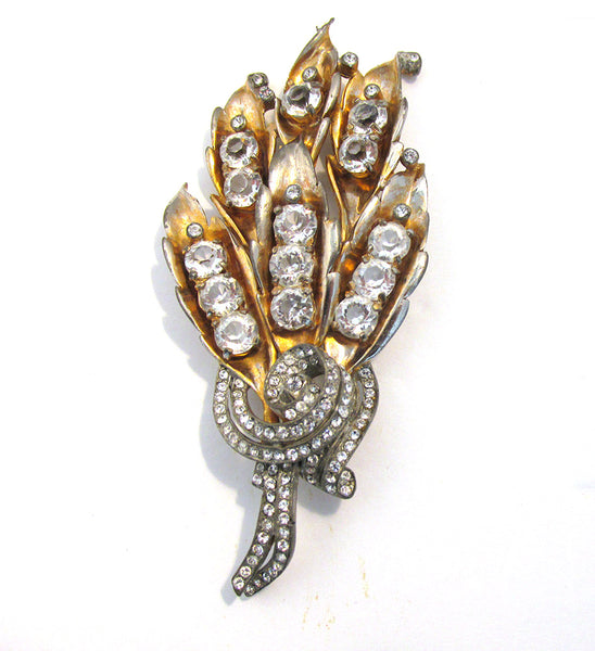 1930s Vintage Head Turning Dramatic Clear Diamante Floral Pin - Front