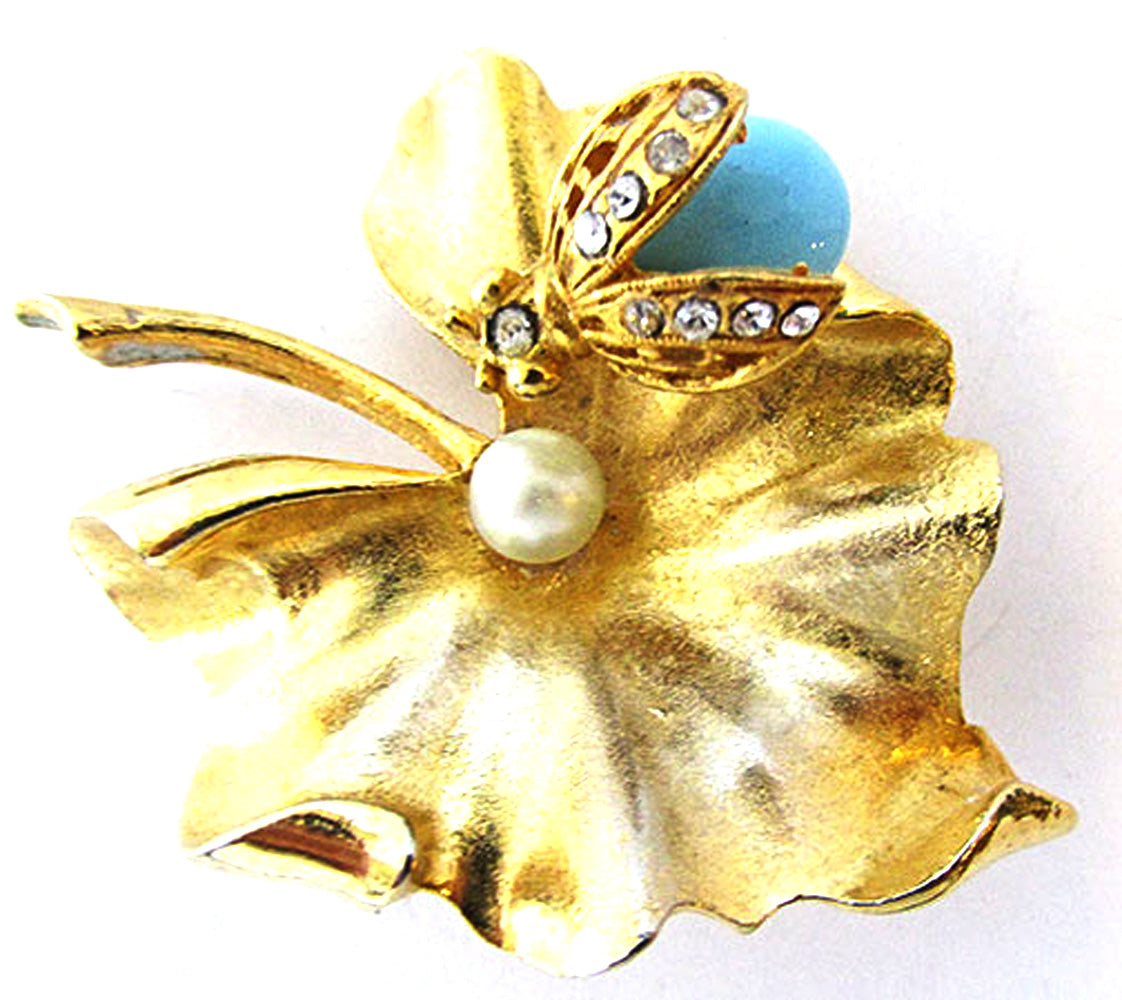 Art Vintage 1950s Rhinestone Insect and Gold Leaf Trembler Pin