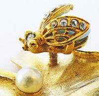 Art Vintage 1950s Rhinestone Insect and Gold Leaf Trembler Pin