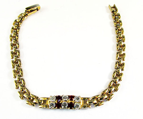 Vintage 1960s Art Deco Style Ruby Rhinestone Link Bracelet - Front