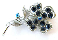 Lisner Vintage 1950s Sapphire-Blue Rhinestone Silver Floral Pin - Front - Thumbnail