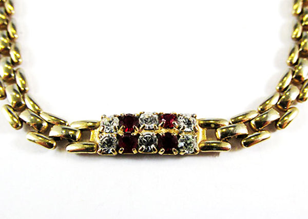 Vintage 1960s Art Deco Style Ruby Rhinestone Link Bracelet - Close-Up