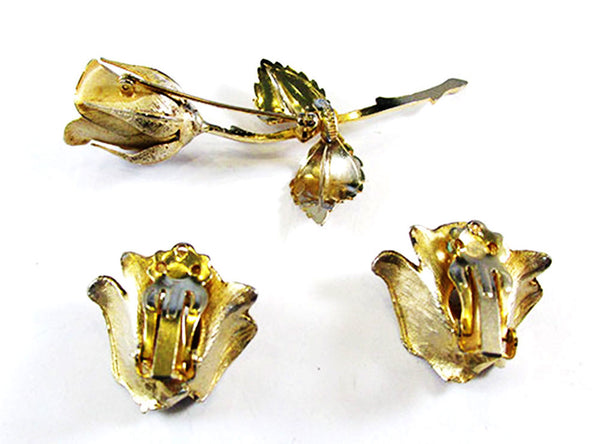 Signed Giovanni 1950s Dainty Gold Rose Pin and Earrings Set - Back