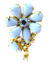 Vintage 1950s Blue and AB Rhinestone Gold-Toned Floral Pin - Front