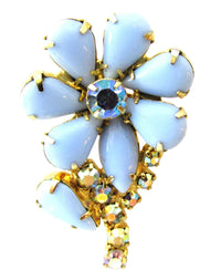 Vintage 1950s Blue and AB Rhinestone Gold-Toned Floral Pin - Front - Thumbnail