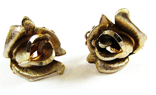 Signed Giovanni 1950s Dainty Gold Rose Pin and Earrings Set - Front Earrings