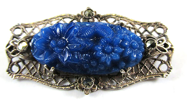 Antique/Vintage 1920s Unique Blue Molded Glass Marcasite Floral Pin - Front