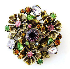 Hollycraft Vintage 1960s Multi-Colored Diamante Floral Bouquet Pin - Front