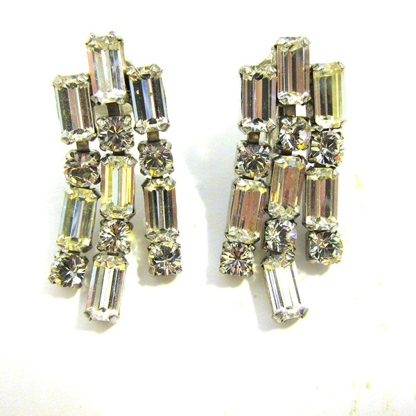 Glamorous Vintage Mid-Century 1950s Clear Diamante Dangle Earrings - Front