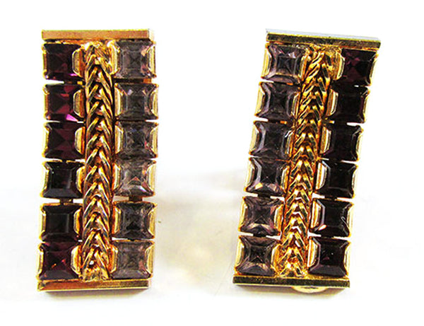 Signed Hobe Vintage 1950s Geometric Amethyst Rhinestone Earrings - Front