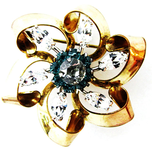 Vintage 1940s Aquamarine and Clear Rhinestone Floral Swirl Pin/Pendant - Front